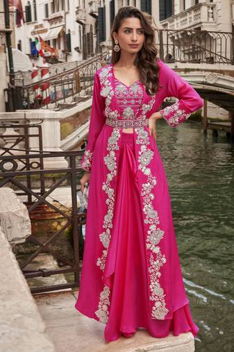 Rani pink chinon blouse palazzo suit with embroidered, embellished, mirror and sequin work, free-size stitched.