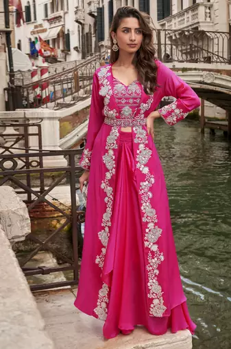 Rani pink chinon blouse palazzo suit with embroidered embellished mirror and sequin work free-size stitched.