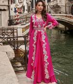 Rani pink chinon blouse palazzo suit with embroidered embellished mirror and sequin work free-size stitched.