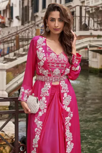 Rani pink chinon blouse palazzo suit with embroidered embellished mirror and sequin work free-size stitched.