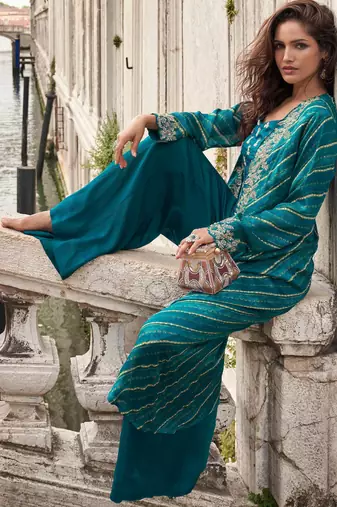 Teal blue chinon silk blouse palazzo suit with hand mirror embellished and sequin work free-size stitched.