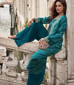 Teal blue chinon silk blouse palazzo suit with hand mirror embellished and sequin work free-size stitched.