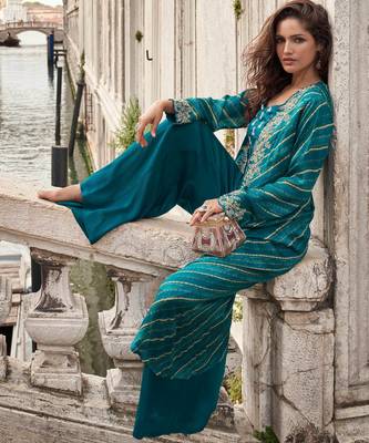 Teal blue chinon silk blouse palazzo suit with hand mirror embellished and sequin work free-size stitched. 2