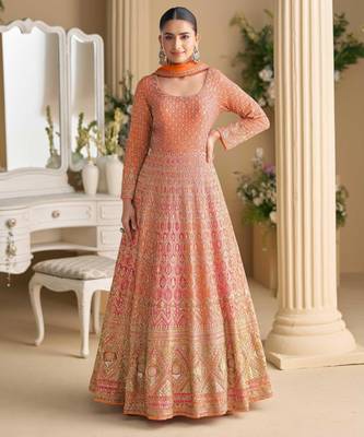 Peach georgette anarkali gown pant suit with heavy thread zari and sequins work free-size stitched. 1