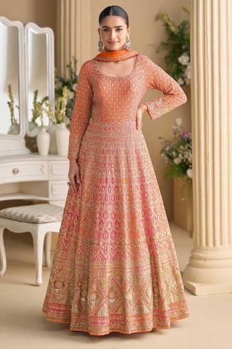 Peach georgette anarkali gown pant suit with heavy thread, zari and sequins work, free-size stitched.
