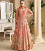 Peach georgette anarkali gown pant suit with heavy thread zari and sequins work free-size stitched.