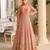Peach georgette anarkali gown pant suit with heavy thread, zari and sequins work, free-size stitched.