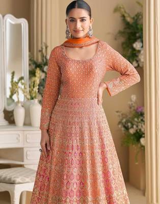 Peach georgette anarkali gown pant suit with heavy thread zari and sequins work free-size stitched. 2