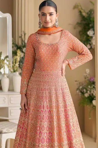 Peach georgette anarkali gown pant suit with heavy thread zari and sequins work free-size stitched.
