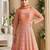 Peach georgette anarkali gown pant suit with heavy thread, zari and sequins work, free-size stitched.