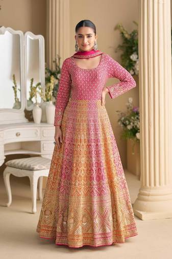 Rani pink georgette anarkali gown pant suit with heavy thread zari and sequins work free-size stitched.