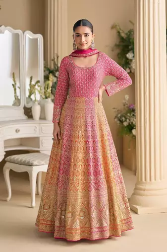 Rani pink georgette anarkali gown pant suit with heavy thread zari and sequins work free-size stitched.