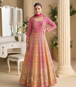Rani pink georgette anarkali gown pant suit with heavy thread zari and sequins work free-size stitched.