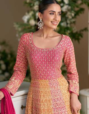 Rani pink georgette anarkali gown pant suit with heavy thread zari and sequins work free-size stitched. 2