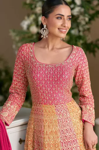Rani pink georgette anarkali gown pant suit with heavy thread zari and sequins work free-size stitched.