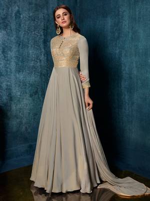 Grey satin gown suit with embroidery and sequins work free-size stitched. 1