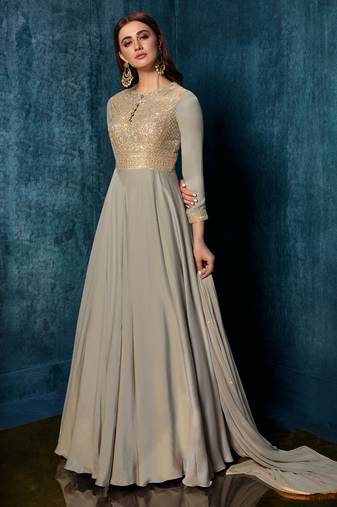Grey satin gown suit with embroidery and sequins work, free-size stitched.
