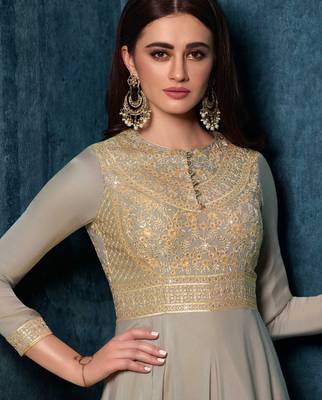 Grey satin gown suit with embroidery and sequins work free-size stitched. 2