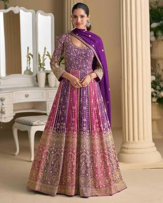 Purple-pink georgette anarkali gown pant suit with heavy thread, zari and sequins work, free-size stitched. 1