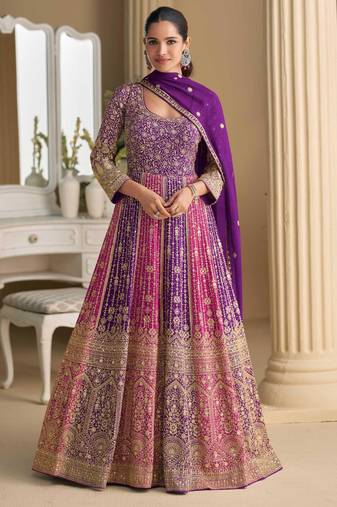 Purple-pink georgette anarkali gown pant suit with heavy thread, zari and sequins work, free-size stitched.