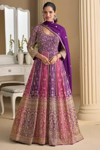 Purple-pink georgette anarkali gown pant suit with heavy thread, zari and sequins work, free-size stitched.