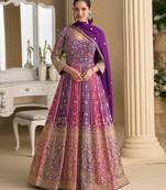 Purple-pink georgette anarkali gown pant suit with heavy thread, zari and sequins work, free-size stitched.