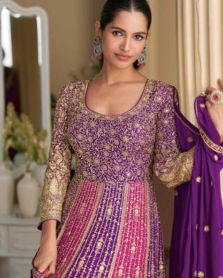 Purple-pink georgette anarkali gown pant suit with heavy thread, zari and sequins work, free-size stitched. 2