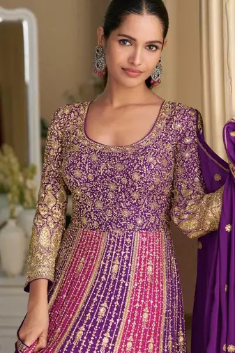 Purple-pink georgette anarkali gown pant suit with heavy thread, zari and sequins work, free-size stitched.