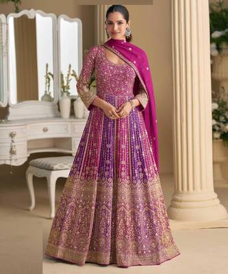 Magenta pink georgette anarkali gown pant suit with heavy thread zari and sequins work free-size stitched. 1