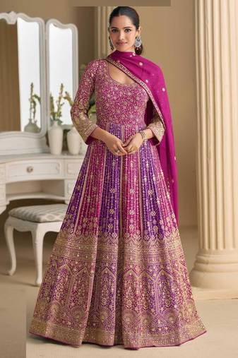 Magenta pink georgette anarkali gown pant suit with heavy thread, zari and sequins work, free-size stitched.