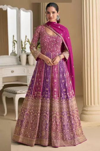 Magenta pink georgette anarkali gown pant suit with heavy thread, zari and sequins work, free-size stitched.
