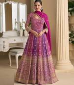 Magenta pink georgette anarkali gown pant suit with heavy thread zari and sequins work free-size stitched.