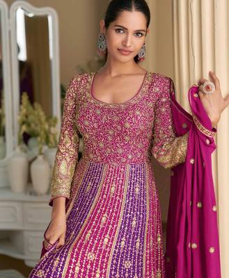 Magenta pink georgette anarkali gown pant suit with heavy thread zari and sequins work free-size stitched. 2