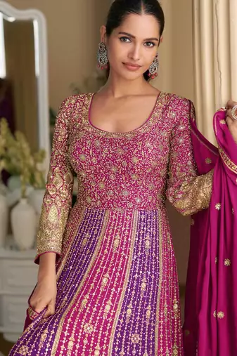 Magenta pink georgette anarkali gown pant suit with heavy thread zari and sequins work free-size stitched.