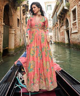 Coral pink chinon silk anarkali gown suit with intricate zari and sequins embroidery free-size stitched. 1