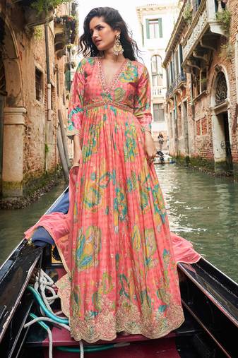 Coral pink chinon silk anarkali gown suit with intricate zari and sequins embroidery, free-size stitched.