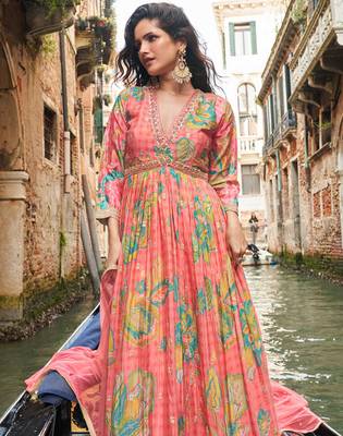 Coral pink chinon silk anarkali gown suit with intricate zari and sequins embroidery free-size stitched. 2