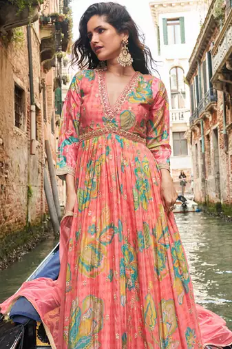 Coral pink chinon silk anarkali gown suit with intricate zari and sequins embroidery free-size stitched.