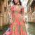 Coral pink chinon silk anarkali gown suit with intricate zari and sequins embroidery, free-size stitched.