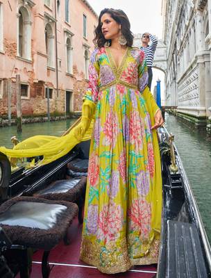 Bright lime green chinon silk anarkali gown suit with intricate zari and sequins embroidery free-size stitched. 1
