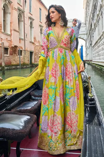 Bright lime green chinon silk anarkali gown suit with intricate zari and sequins embroidery free-size stitched.