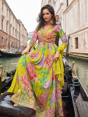 Bright lime green chinon silk anarkali gown suit with intricate zari and sequins embroidery free-size stitched. 2