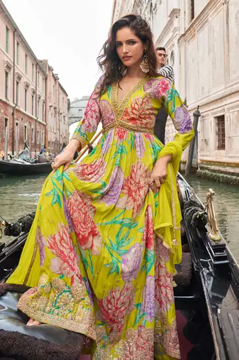 Bright lime green chinon silk anarkali gown suit with intricate zari and sequins embroidery free-size stitched.