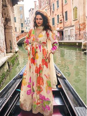 Cream chinon silk anarkali gown suit with intricate zari and sequins embroidery free-size stitched. 1