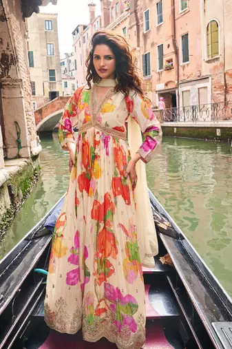 Cream chinon silk anarkali gown suit with intricate zari and sequins embroidery free-size stitched.