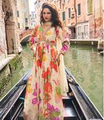 Cream chinon silk anarkali gown suit with intricate zari and sequins embroidery free-size stitched.