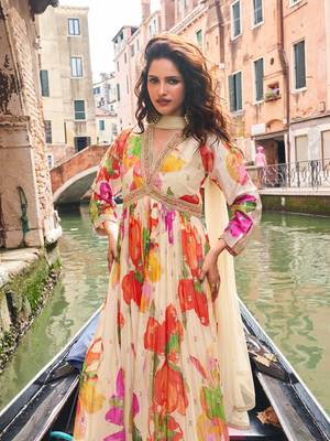 Cream chinon silk anarkali gown suit with intricate zari and sequins embroidery free-size stitched. 2