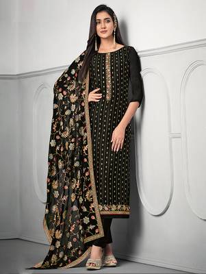 Black chinon straight pant suit with embroidery and sequins work free-size stitched. 1