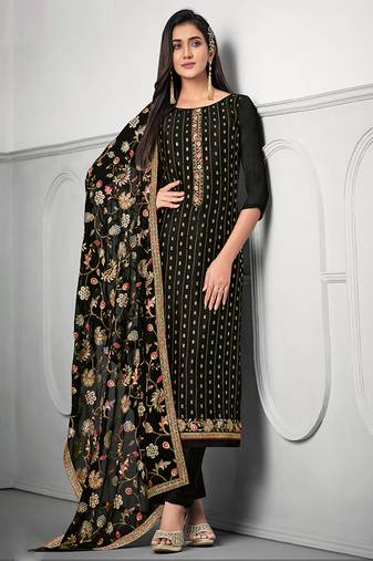 Black chinon straight pant suit with embroidery and sequins work free-size stitched.