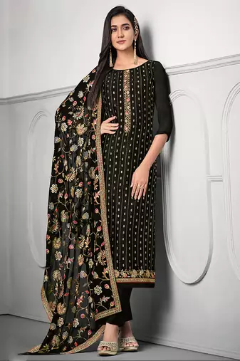 Black chinon straight pant suit with embroidery and sequins work free-size stitched.